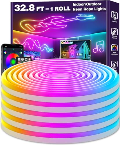 LETIANPAI 32.8Ft Neon Rope Lights,Flexible Led Rope Lights Control with App/Remote,Multiple Modes Rope Lights,IP65 Outdoor RGB Led Neon Lights Waterproof,Music Sync Gaming Led Light Strip (32.8FT) - size: 32.8 ft