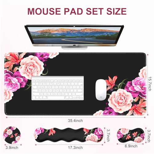 iLeadon Mouse Pad Set, Peony Flower Desk Mat for Keyboard and Mouse | Mouse Pad and Keyboard wrist rest,Coaster, Desk Mat Set with Stitched Edge & Non-Slip Base, Desk Pad Mat for Work Gaming - color: Peony Flower