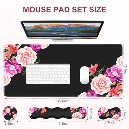 iLeadon Mouse Pad Set, Peony Flower Desk Mat for Keyboard and Mouse | Mouse Pad and Keyboard wrist rest,Coaster, Desk Mat Set with Stitched Edge & Non-Slip Base, Desk Pad Mat for Work Gaming - color: Peony Flower