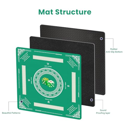 Mahjong Mat with Rules, 32.2 Inch Square Mahjong Mats for Table, Noise Reduction Mah Jong Mat, Rubber Anti-Slip Base for Board Games, Tiles Game & Dominoes Green Dice - color: Green Dice