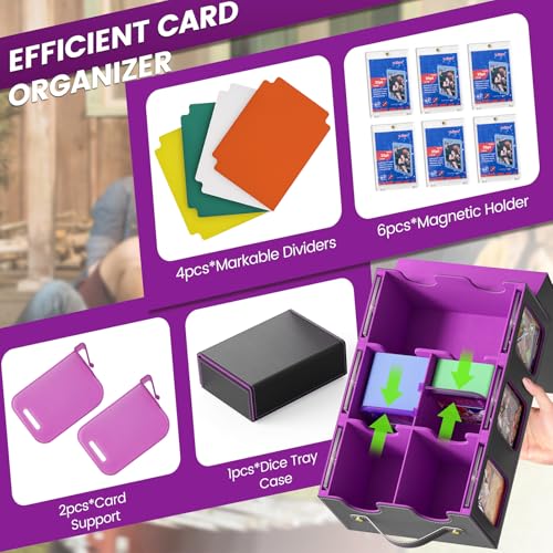 MTG Card Storage Box-Massive 3600+Leather Magnetic Deck Box w/Commander Display | Includes: 6 Toploaders, 4 Dividers, 2 Stoppers, 1 Dice Tray | for TCG & Sports Cards (Black Purple)