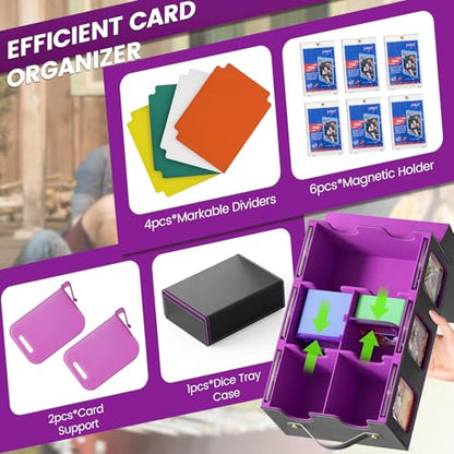 MTG Card Storage Box-Massive 3600+Leather Magnetic Deck Box w/Commander Display | Includes: 6 Toploaders, 4 Dividers, 2 Stoppers, 1 Dice Tray | for TCG & Sports Cards (Black Purple)