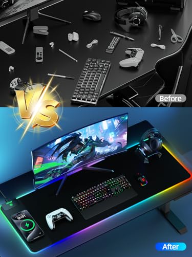 Magnetic Charging Mouse Pad, 31.5x11.81 Inch XL Gaming Mousepad, 11+5 RGB Lighting Modes, Home Office Large Desk Pad with Ultra-Smooth Surface, Non-Slip, Waterproof Keyboard Pad Classic Black Desk Mat - color: 31.5x11.81"-Black Left Upgraded Magnetic