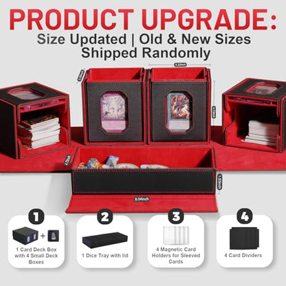 Trading Card Storage Box with Commander Display for MTG, TCG, Sports Cards, 5-in-1 Card Deck Box, Holds 450+ Double-Sleeved Cards, 4 Individual Deck Cases with Covers, Dice Tray & Magnetic Holders - color: Black & Red