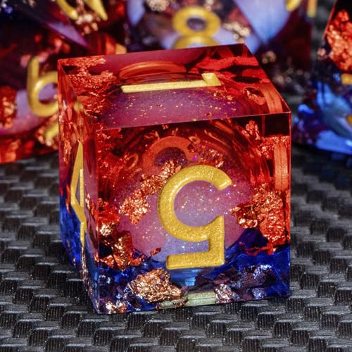 ARUOHHA Liquid Core DND Dice Set, 7pcs Resin Sharp Edged Dragons Dice Compatible with D&D Role Playing Games, RPG Golden Numbers Blue Red Dungeons Polyhedral D and D Dice with Gift Box D20 D10 D6 - color: Shiny-blue Red