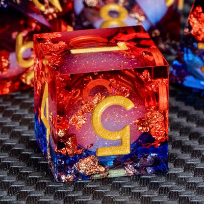 ARUOHHA Liquid Core DND Dice Set, 7pcs Resin Sharp Edged Dragons Dice Compatible with D&D Role Playing Games, RPG Golden Numbers Blue Red Dungeons Polyhedral D and D Dice with Gift Box D20 D10 D6 - color: Shiny-blue Red