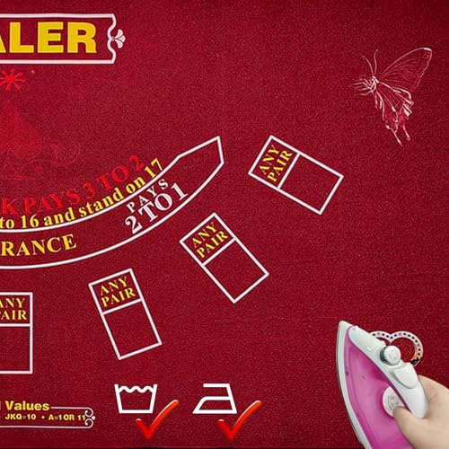 2-in-1 Casino Night Poker Mat, 36"x72" Double-Sided Texas Hold'em & Blackjack Felt Table Cover, Non-Slip Steel Clamps Included, Perfect for Game Night, Home & Casino Parties - color: Red