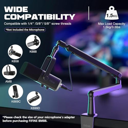 FIFINE Microphone Boom Arm, Low Profile Adjustable Stick Microphone Arm Stand with Desk Mount Clamp, Screw Adapter, Cable Management, for Podcast Streaming Gaming Studio-BM88 | Adjustable Stick Stand, Desk Mount Clamp, Cable Management, Screw Adapter, for