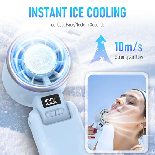 PlayHot Upgraded Portable Handheld Fan with 60°F Ice Cooling, Up tp 12Hrs Personal Fans Portable Rechargeable, 5 Speed 25550RPM Powerful Portables Fan Handheld, Hand/Neck/Desk Fan 3 IN 1(Blue) - color: Blue