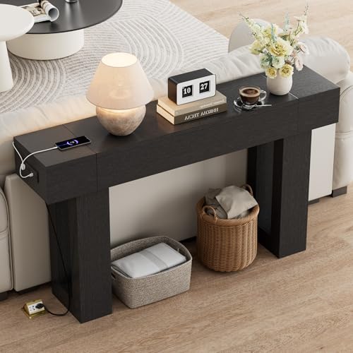 63 Inch Long Console Table w/Outlets & USB Ports, Narrow Rectangular Sofa Table Behind The Couch, Farmhouse Entryway Table for Entrance, Hallway, Living Room(Black with Outlet) - color: Black, style: With Socket