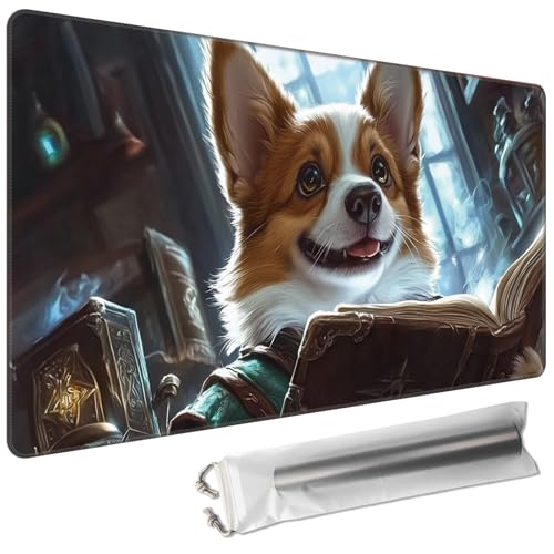 MTG Playmat 24 x 14in Includes Storage Bag,TCG Playmat with Soft Surface Premium Non-Slip Rubber Backing Stitched Edges Durable Gaming Mat,Corgi Wizard Read Book - color: Corgi Wizard Read Book, size: 24"×14"Regular