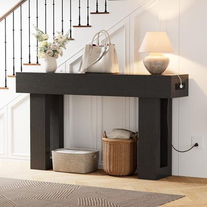 63 Inch Long Console Table w/Outlets & USB Ports, Narrow Rectangular Sofa Table Behind The Couch, Farmhouse Entryway Table for Entrance, Hallway, Living Room(Black with Outlet) - color: Black, style: With Socket