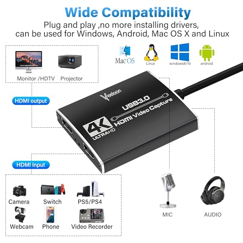 Audio Video Capture Card for Broadcasting,4K HDMI to USB C Capture Card with USB A 3.0 Adapter,1080P 60FPS, Work with iPad Mac OS Windows, Camera/Xbox/PS5/PC/OBS/DVDs,DSLR for Streaming