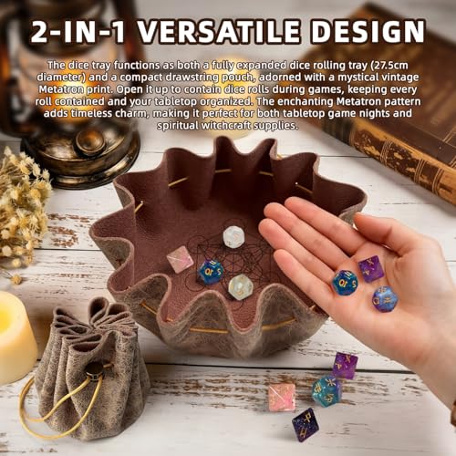 Leather Dice Tray with Metatron Printed, 2-in-1 Collapsible Dice Rolling Tray & Drawstring Pouch, Portable Dice Bag for Tabletop Games, Rune Crystal Holder & Jewelry Storage - color: Pcd05y