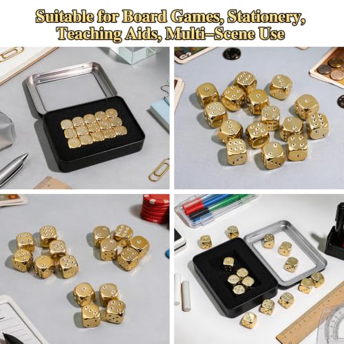 15 Pieces 16mm Electroplated Gold-Color 6 Sided Dice Set with Metal Box, 1-6 Number Dots D6 Dice for RPG D&D MTG Tabletop Board Games, Classroom Teaching or Math Learning