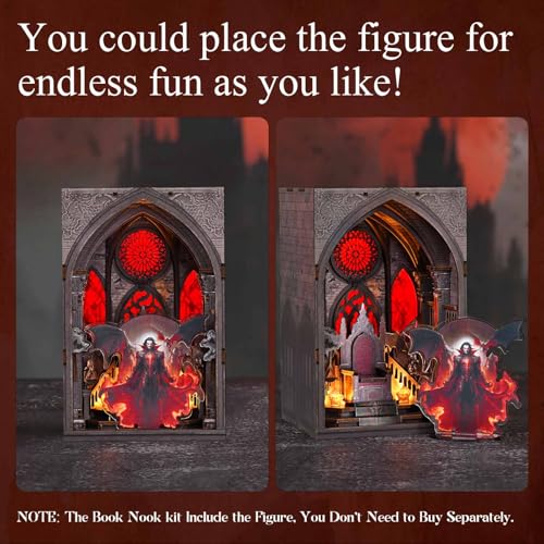 MiniCity Book Nook Kit, Gothic 3D Wooden Puzzle Dollhouse with LED Light, Laser Film Craft Book Shelf Insert Decor, 101Pcs DIY Assembly Model with Full Tools & Color Instruction - Throne of Blood | Wood/paper/plastic DIY model with LED lighting; 101 piece