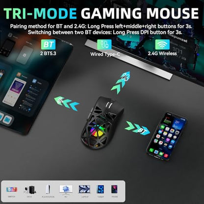 Aula SC620 Wireless Gaming Mouse, Tri-Mode 2.4GHz/USB-C/BT5.3 Computer Mouse with 12000 DPI, Programmable Macro Gamer Mouse with Rapid Fire Key, RGB Light Gaming Mice for PC/Laptop/Mac(Black) - color: Black