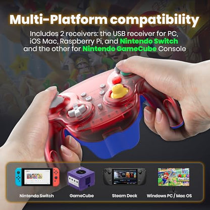 2.4 GHz Wireless GameCube Controller for Switch 1/2, NGC Console, Clear Red | (Built-in Vibration) (Rechargeable) (Analog Triggers / Stick) Compatible with Switch Online, Windows PC, macOS - color: Switch & NGC Receiver Transparent Red