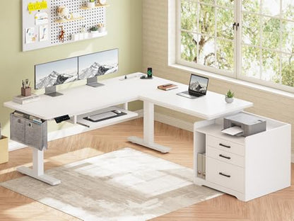 SEDETA L Shaped Standing Desk with File Cabinet, 3 Drawers, Power Outlet | 63 x 53'' Electric Height Adjustable Gaming Computer Desk with Led Lights for Home Office, Gaming Room, White - color: White, size: 63 x 53'' L Shaped Standing Desk
