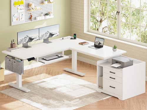 SEDETA L Shaped Standing Desk with File Cabinet, 3 Drawers, Power Outlet | 63 x 53'' Electric Height Adjustable Gaming Computer Desk with Led Lights for Home Office, Gaming Room, White - color: White, size: 63 x 53'' L Shaped Standing Desk