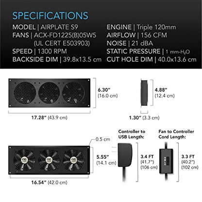 AC Infinity AIRPLATE S9, Quiet Cooling Fan System 18" with Speed Control, for Home Theater AV Cabinet Cooling - size: 18-Inch