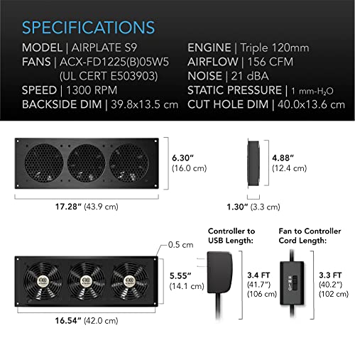 AC Infinity AIRPLATE S9, Quiet Cooling Fan System 18" with Speed Control, for Home Theater AV Cabinet Cooling (Pack of 2) - size: 18-Inch (Pack of 2)