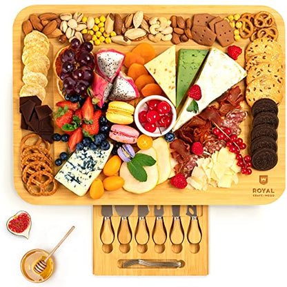 ROYAL CRAFT WOOD Extra Large Cheese Board - Bamboo Cheese Board and Knife Set - Charcuterie Board Set, Charcuterie Platter & Serving Tray - style: 4-6 Guests