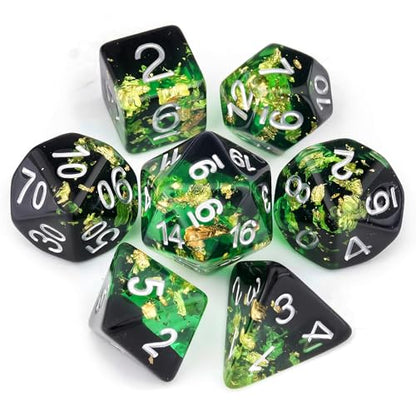 Haxtec DND Dice Set, 7 Pcs Gold Foil Resin Polyhedral Dice for Table Game | Green Black D&D Dice for Role Playing Games with Velvet Pouch, Compatible with Dungeons and Dragons, Gifts for DM Masters - color: Green Black