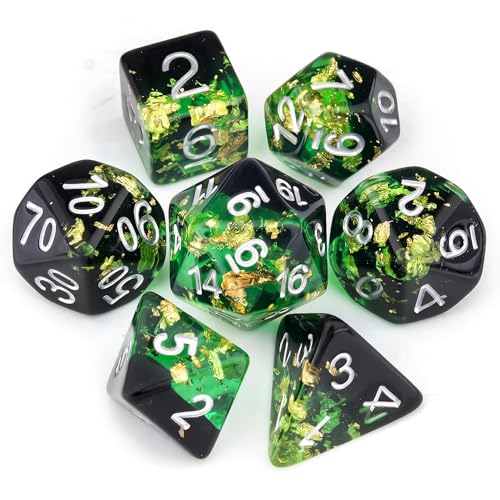 Haxtec DND Dice Set, 7 Pcs Gold Foil Resin Polyhedral Dice for Table Game | Green Black D&D Dice for Role Playing Games with Velvet Pouch, Compatible with Dungeons and Dragons, Gifts for DM Masters - color: Green Black
