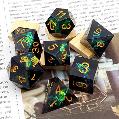 Haxtec DND Dice Set Black Sharp Edge Resin Dice with Dice Case Iridecent D&D Dice for RPG Compatible with Dungeons and Dragons DND Gift-Black Galaxy - color: Black Green
