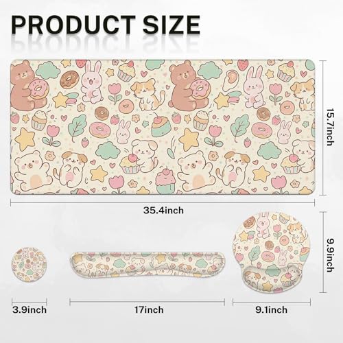 Britimes Kawaii Bunny Bear Keyboard Mouse Pad Set Cartoon Pink 4in1 Large Mousepad+Keyboard Wrist Rest+Mouse Wrist Rest+Coaster Ergonomic Design for Home Office Computer 35.4x15.7 inches - color: Pink Bunny