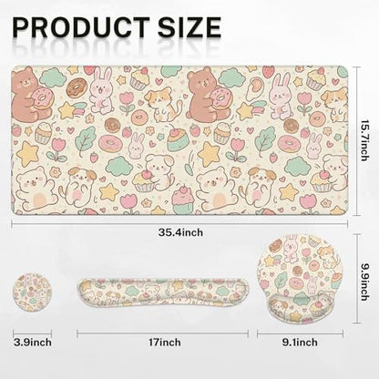 Britimes Kawaii Bunny Bear Keyboard Mouse Pad Set Cartoon Pink 4in1 Large Mousepad+Keyboard Wrist Rest+Mouse Wrist Rest+Coaster Ergonomic Design for Home Office Computer 35.4x15.7 inches - color: Pink Bunny