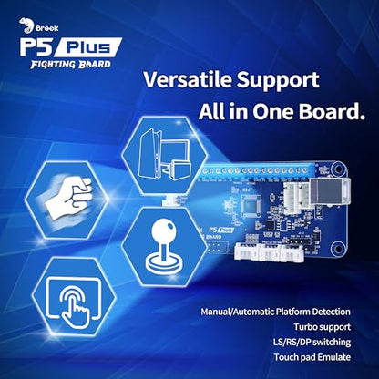Brook P5 Plus Fighting Board with Sticker – Pre-Installed Header Version, Ultra-Low Latency PCB for PS5 Fighting Games, PS4, PS3, Switch & PC (X-Input), SOCD Cleaner, Turbo, Auto-Detect Console