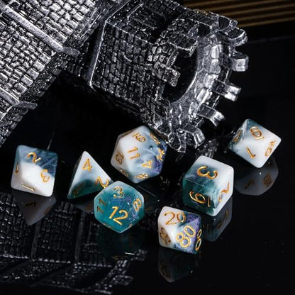 Cyan DND Dice 7PCS Glitter Polyhedral Dice Set for D&D Tabletop Game | Leather Storage Bag, DM Gift, for Dungeons and Dragons Role Playing Games - color: Glitter-white&cyan