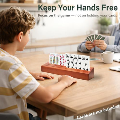 Wooden Playing Card Holders for Seniors, 4 Pack Card Holder Trays for Playing Cards, 10" Hands-Free Card Holders with 4 Slots for Adults, Kids, Arthritis Hands, Bridge, Poker, Canasta, Game Night