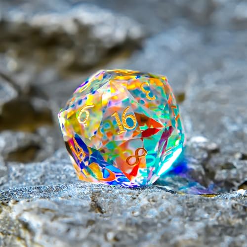 1PCS Multifaceted Glass D20 DND Dice - 28mm 20 Sided Gem D&D Dice for Dungeons and Dragons, RPG, Roleplaying Games MTG Table Games, Handmade Polyhedral Dice(Glass Rainbow) - color: Multifaceted D20 Glass- Rainbow