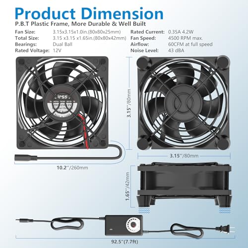 Computer Fan with AC Plug Zirsso 80mm 110V 120V 220V 240V Fan with Speed Controller for Receiver DVR PlayStation Xbox Computer Cabinet Cooling