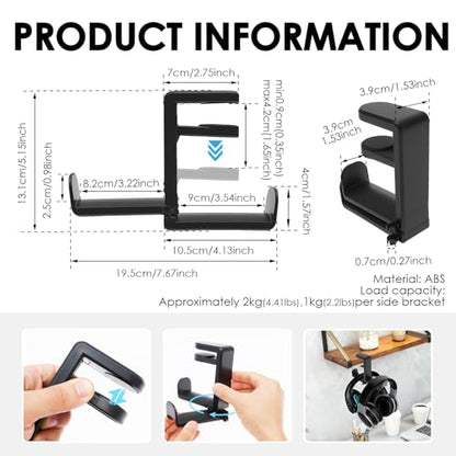 Headphone Holder Under Desk, Dual Headphone Stand Hanger 360 Degree Rotating Headset Holder Under Desk, Clamp On Earphone Organizer for 0.35 to 1.65 inch Thick Table