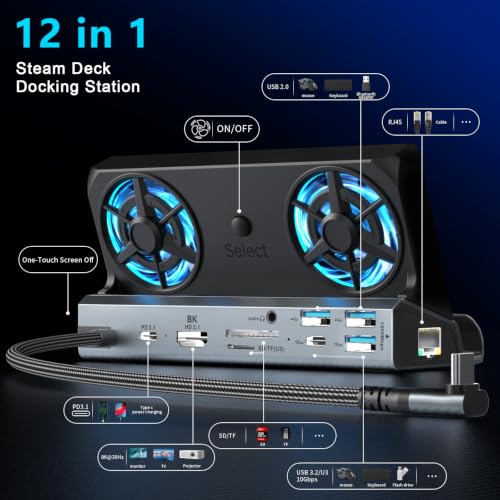 YCE Dual Fan Steam Deck Dock Multi-Port Docking Station for Handheld Gamers (8K-12-in-1) - color: 8K-12-in-1