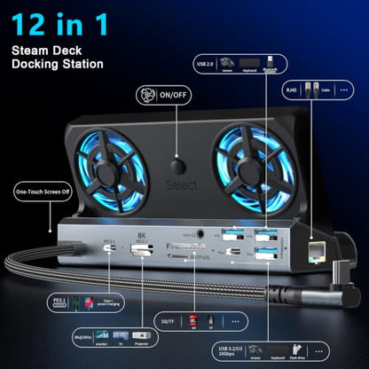 YCE Dual Fan Steam Deck Dock Multi-Port Docking Station for Handheld Gamers (8K-12-in-1) - color: 8K-12-in-1