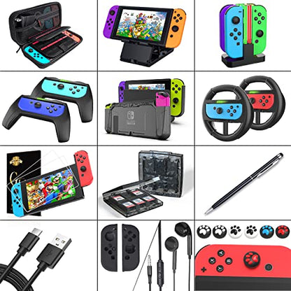 Deruitu Switch Accessories Bundle Compatible with Nintendo Switch, Kit with Carrying Case, Screen Protector, Compact Playstand, Game Case, Joystick Cap, Charging Dock,Steering Wheel, (18 in 1) - color: Black