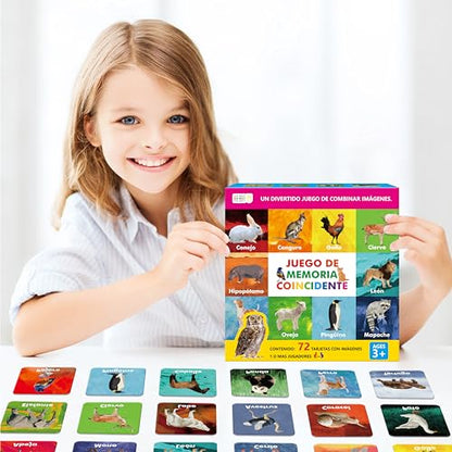 Hebayy 36 Pairs Animal Matching Game, 72PCS Spanish Flashcards 36 Designs Memory Cards Educational Learning Toys for Preschool 4 5 6 Years Old (Each Measures 2” X 2”) - style: Real Animals-B (Spanish version)
