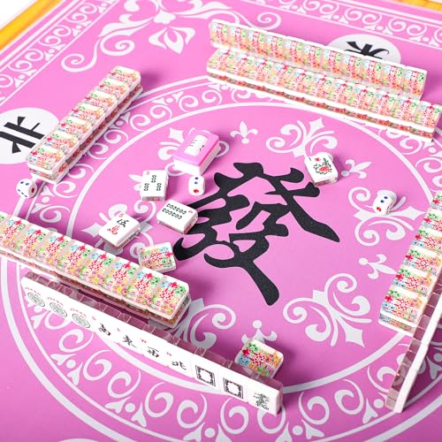 Mahjong Mat,Mahjong Table Mat with 3 Dice & Carrying Bag for Card, Board & Tile Games, Anti Slip and Noise Reduction Table Cover(Pink, 31.5 inches) - color: Pink