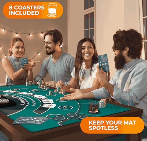 Newverest Blackjack Mat 70" x 35", Blackjack Table Top for Home Game Nights with Friends | Black Jack Casino Table Topper, Poker Mat Layout in Zipper Storage Bag with 8 Coasters in Gift-Ready Box - color: Traditional Green