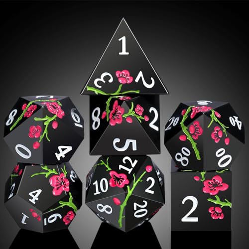 Metal Dice Set D&D, DNDND 7 PCS Flower Metallic DND Dice Set with Grogeous Gift Case for Dungeons and Dragon Tabletop Game (Matte Black with Pink Flower) - color: Flower Black