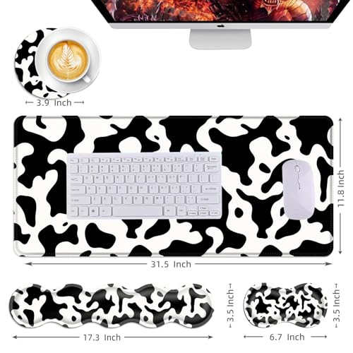 Mouse Pad,Large Desk Mat Set, 4in1 XL Mousepad + Keyboard Wrist Rest+Mouse Wrist Rest+Coaster with Ergonomic Desk Pad for Home Office Table Computer Cover -Cow Print - color: Cow Print