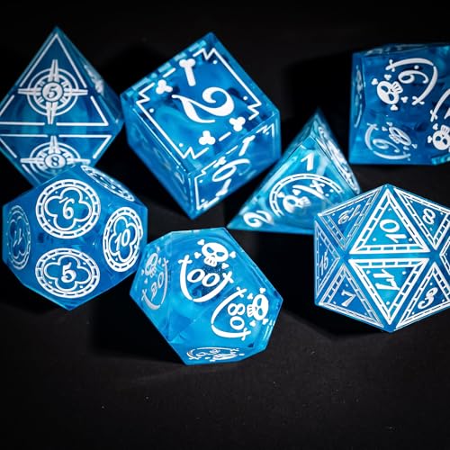 Cusdie 7-Piece Sharp Edges DND Dice Set with Pirate Design - Perfect for Tabletop RPGs Board Games Gifting and Collecting(Blue w/White Pirate Pattern) - color: Blue W/White Pirate Pattern