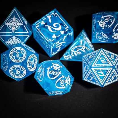 Cusdie 7-Piece Sharp Edges DND Dice Set with Pirate Design - Perfect for Tabletop RPGs Board Games Gifting and Collecting(Blue w/White Pirate Pattern) - color: Blue W/White Pirate Pattern