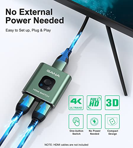 HDMI Switch 4k@60hz Splitter, GANA Aluminum Bidirectional HDMI Switcher 2 in 1 Out, Manual HDMI Hub Supports HD Compatible with Xbox PS5/4/3 Blu-Ray Player Fire Stick Roku - color: Green (No Cable)