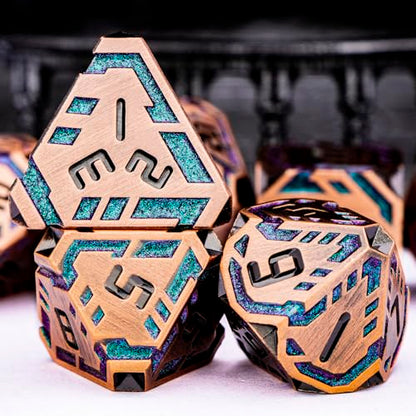 Metal DND Sci-fi Dice Set 7PCS Stripe Polyhedral Dice for Dungeons Dragons RPG Role Playing Game, Glitter D and D Dice with Gift Box D6 D8 D10 D12 D20 (Ancient Bronze&Green Purple) - color: Ancient Copper - Green Purple
